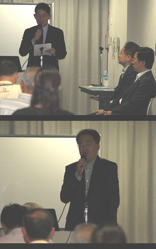 上)講座司会(香川県日中友好協会武田さん);下)当連合会張嘉樹会長挨拶