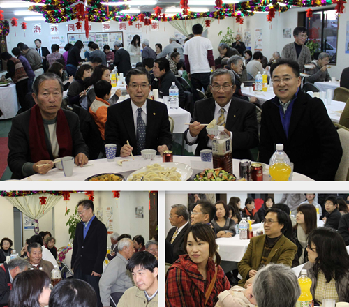 3:上)当連合会張会長と丸亀市新井市長、城坤自治会塚本会長との記念撮影 下左)当連合会張会長と地域住民との懇談風景 下右)当連合会の毛勇理事